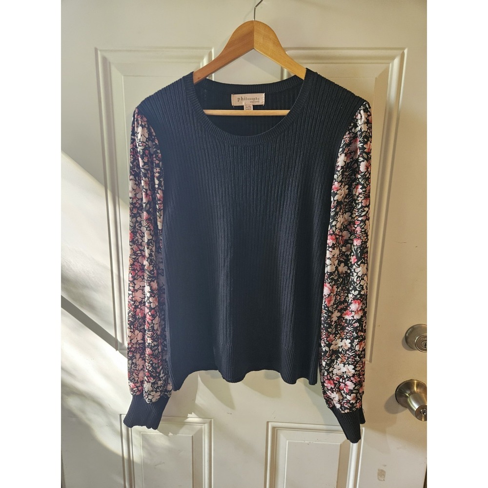 Philosophy Republic Clothing XL Black Ribbed Knit Sweater Floral Long Sleeve...